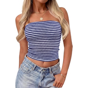 ZESICA Women’s Striped Strapless Crop Tube Tops 2026 Summer Backless Knit Bandeau Shirts Going Out Tank Top Fashion Outfits(Blue)