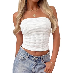ZESICA Women’s Striped Strapless Crop Tube Tops 2026 Summer Backless Knit Bandeau Shirts Going Out Tank Top Fashion Outfits(Solidwhite)