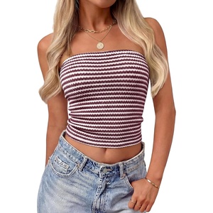 ZESICA Women’s Striped Strapless Crop Tube Tops 2026 Summer Backless Knit Bandeau Shirts Going Out Tank Top Fashion Outfits(Wine)