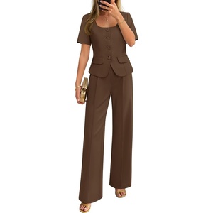 ZESICA Women’s Summer Two Pieces Suits Set 2026 Short Sleeve Blazer Wide Leg Pants Business Casual Outfits Sets(Brown)