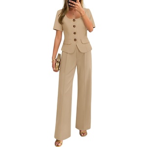 ZESICA Women’s Summer Two Pieces Suits Set 2026 Short Sleeve Blazer Wide Leg Pants Business Casual Outfits Sets(Khaki)