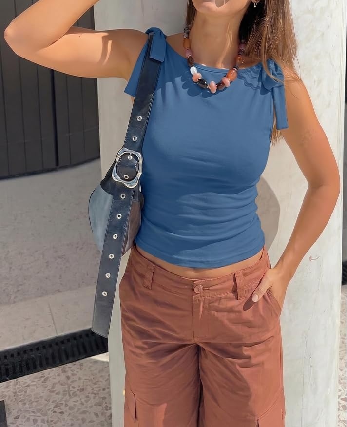 image:imageZESICA Womens Cute Summer Going Out Tank Tops 2026 Y2K Trendy Tie Shoulder Boat Neck Ruch Fitted ShirtsDusty Blue