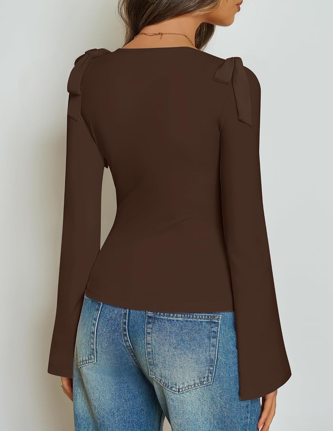 image:imageZESICA Womens Cute Tie Shoulder Ruched Top Long Sleeve Shirts Flowy Bell Sleeve Elegant Boat Neck Slim Fit Going Out Tops for Women Fall Trendy Dressy Casual Date Night Y2KBrown