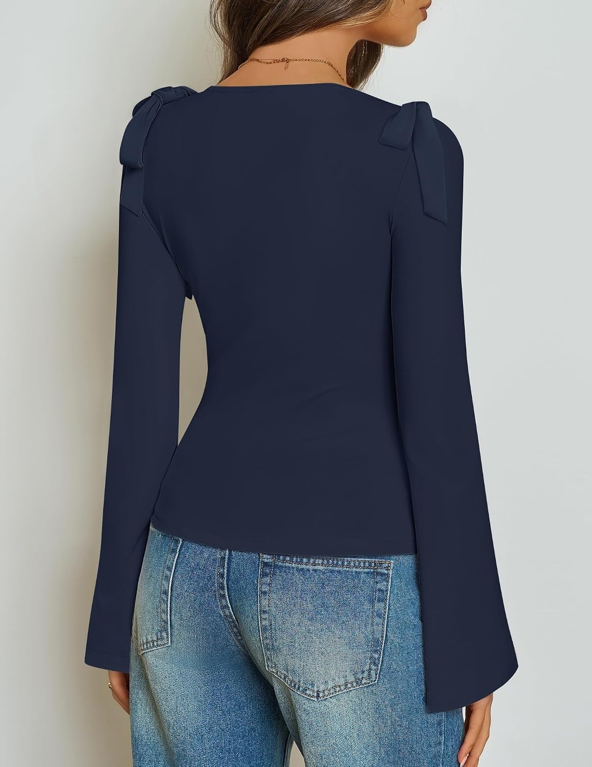image:imageZESICA Womens Cute Tie Shoulder Ruched Top Long Sleeve Shirts Flowy Bell Sleeve Elegant Boat Neck Slim Fit Going Out Tops for Women Fall Trendy Dressy Casual Date Night Y2KNavy