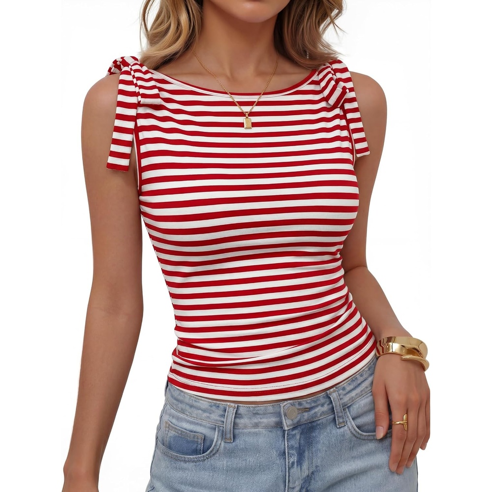 image:imageZESICA Womens Cute Summer Going Out Tank Tops 2026 Y2K Trendy Tie Shoulder Boat Neck Ruch Fitted ShirtsRed