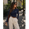 ZESICA Ribbed Bell Long Sleeve Business Casual Tops for Women 2026 | Ribbed Knit Shirts, Bell Sleeve T-Shirts, Slim Fit Ruched Waist Tshirts, Office Work Outfits, Autumn Winter Basics Clothes(Navy)