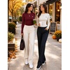 ZESICA Ribbed Bell Long Sleeve Business Casual Tops for Women 2026 | Ribbed Knit Shirts, Bell Sleeve T-Shirts, Slim Fit Ruched Waist Tshirts, Office Work Outfits, Autumn Winter Basics Clothes(Burgundy)