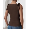 ZESICA Womens Cute Summer Going Out Tank Tops 2026 Y2K Trendy Tie Shoulder Boat Neck Ruch Fitted Shirts(Brown)