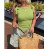 ZESICA Womens Cute Summer Going Out Tank Tops 2026 Y2K Trendy Tie Shoulder Boat Neck Ruch Fitted Shirts(Grass Green)