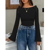 ZESICA Womens Cute Tie Shoulder Ruched Top Long Sleeve Shirts | Flowy Bell Sleeve, Elegant Boat Neck, Slim Fit, Going Out Tops for Women, Fall Trendy, Dressy Casual, Date Night, Y2K(Black)
