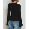 ZESICA Womens Cute Tie Shoulder Ruched Top Long Sleeve Shirts | Flowy Bell Sleeve, Elegant Boat Neck, Slim Fit, Going Out Tops for Women, Fall Trendy, Dressy Casual, Date Night, Y2K(Black)