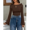 ZESICA Womens Cute Tie Shoulder Ruched Top Long Sleeve Shirts | Flowy Bell Sleeve, Elegant Boat Neck, Slim Fit, Going Out Tops for Women, Fall Trendy, Dressy Casual, Date Night, Y2K(Brown)