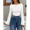 ZESICA Womens Cute Tie Shoulder Ruched Top Long Sleeve Shirts | Flowy Bell Sleeve, Elegant Boat Neck, Slim Fit, Going Out Tops for Women, Fall Trendy, Dressy Casual, Date Night, Y2K(White)