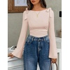 ZESICA Womens Cute Tie Shoulder Ruched Top Long Sleeve Shirts | Flowy Bell Sleeve, Elegant Boat Neck, Slim Fit, Going Out Tops for Women, Fall Trendy, Dressy Casual, Date Night, Y2K(Apricot)