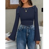 ZESICA Womens Cute Tie Shoulder Ruched Top Long Sleeve Shirts | Flowy Bell Sleeve, Elegant Boat Neck, Slim Fit, Going Out Tops for Women, Fall Trendy, Dressy Casual, Date Night, Y2K(Navy)