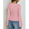 ZESICA Womens Cute Tie Shoulder Ruched Top Long Sleeve Shirts | Flowy Bell Sleeve, Elegant Boat Neck, Slim Fit, Going Out Tops for Women, Fall Trendy, Dressy Casual, Date Night, Y2K(Pink)