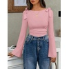 ZESICA Womens Cute Tie Shoulder Ruched Top Long Sleeve Shirts | Flowy Bell Sleeve, Elegant Boat Neck, Slim Fit, Going Out Tops for Women, Fall Trendy, Dressy Casual, Date Night, Y2K(Pink)