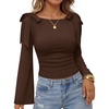 ZESICA Womens Cute Tie Shoulder Ruched Top Long Sleeve Shirts | Flowy Bell Sleeve, Elegant Boat Neck, Slim Fit, Going Out Tops for Women, Fall Trendy, Dressy Casual, Date Night, Y2K(Brown)