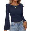 ZESICA Womens Cute Tie Shoulder Ruched Top Long Sleeve Shirts | Flowy Bell Sleeve, Elegant Boat Neck, Slim Fit, Going Out Tops for Women, Fall Trendy, Dressy Casual, Date Night, Y2K(Navy)