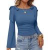 ZESICA Womens Cute Tie Shoulder Ruched Top Long Sleeve Shirts | Flowy Bell Sleeve, Elegant Boat Neck, Slim Fit, Going Out Tops for Women, Fall Trendy, Dressy Casual, Date Night, Y2K(Dusty Blue)