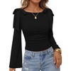 ZESICA Womens Cute Tie Shoulder Ruched Top Long Sleeve Shirts | Flowy Bell Sleeve, Elegant Boat Neck, Slim Fit, Going Out Tops for Women, Fall Trendy, Dressy Casual, Date Night, Y2K(Black)