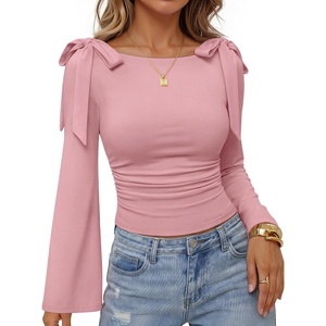 ZESICA Womens Cute Tie Shoulder Ruched Top Long Sleeve Shirts | Flowy Bell Sleeve, Elegant Boat Neck, Slim Fit, Going Out Tops for Women, Fall Trendy, Dressy Casual, Date Night, Y2K(Pink)