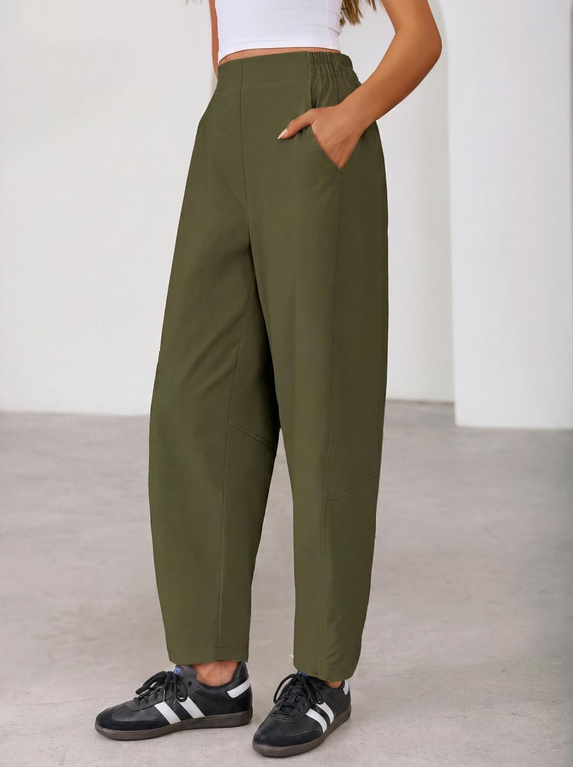 image:imageZESICA Womens Barrel Travel Pants with Pockets 2026 Trendy Baggy Hiking Golf Pant Tapered Leg Cropped Ankle Trousers Mid Rise Elastic Waist OutfitsArmygreen
