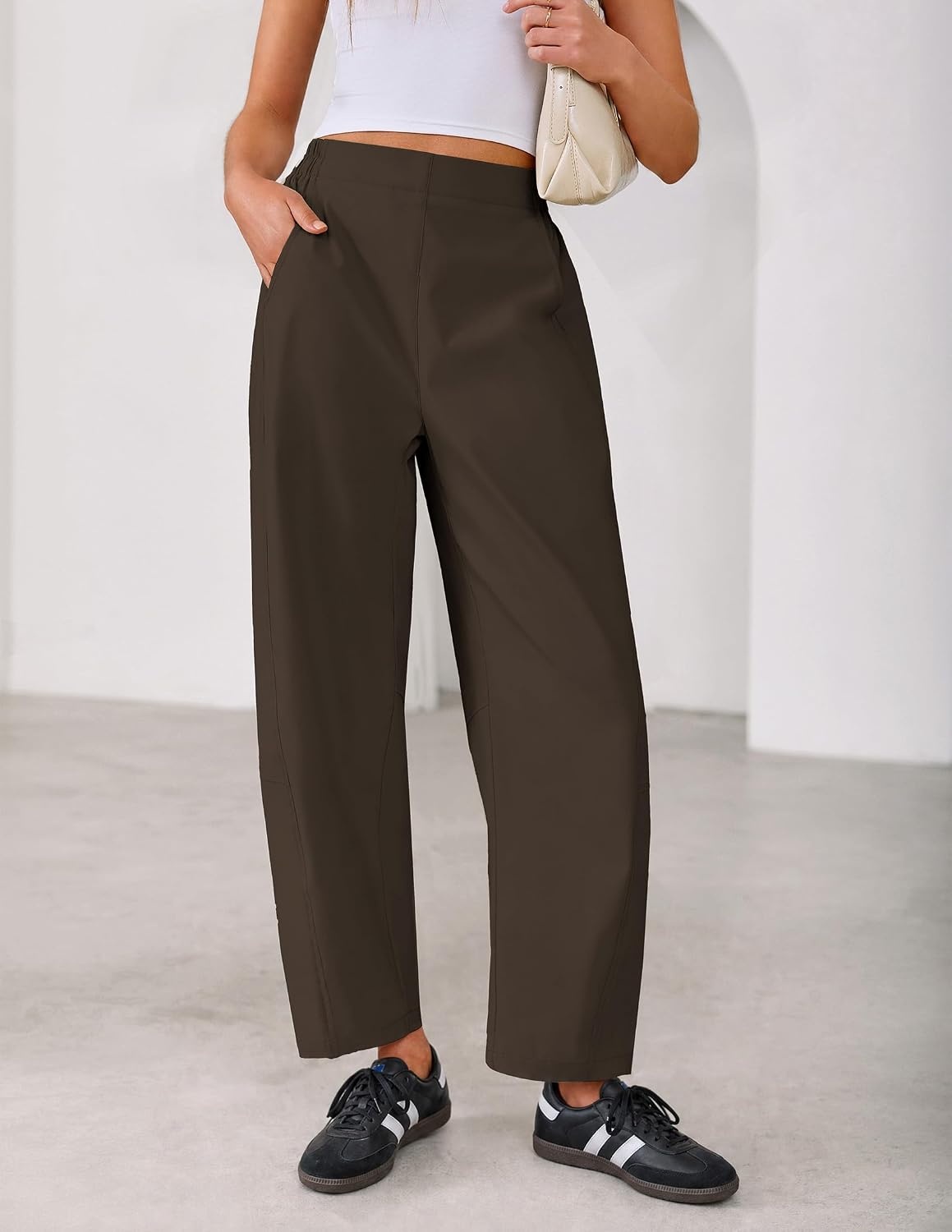 image:imageZESICA Womens Barrel Travel Pants with Pockets 2026 Trendy Baggy Hiking Golf Pant Tapered Leg Cropped Ankle Trousers Mid Rise Elastic Waist OutfitsBrown