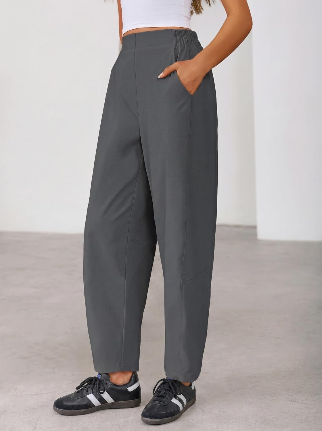 image:imageZESICA Womens Barrel Travel Pants with Pockets 2026 Trendy Baggy Hiking Golf Pant Tapered Leg Cropped Ankle Trousers Mid Rise Elastic Waist OutfitsDarkgray