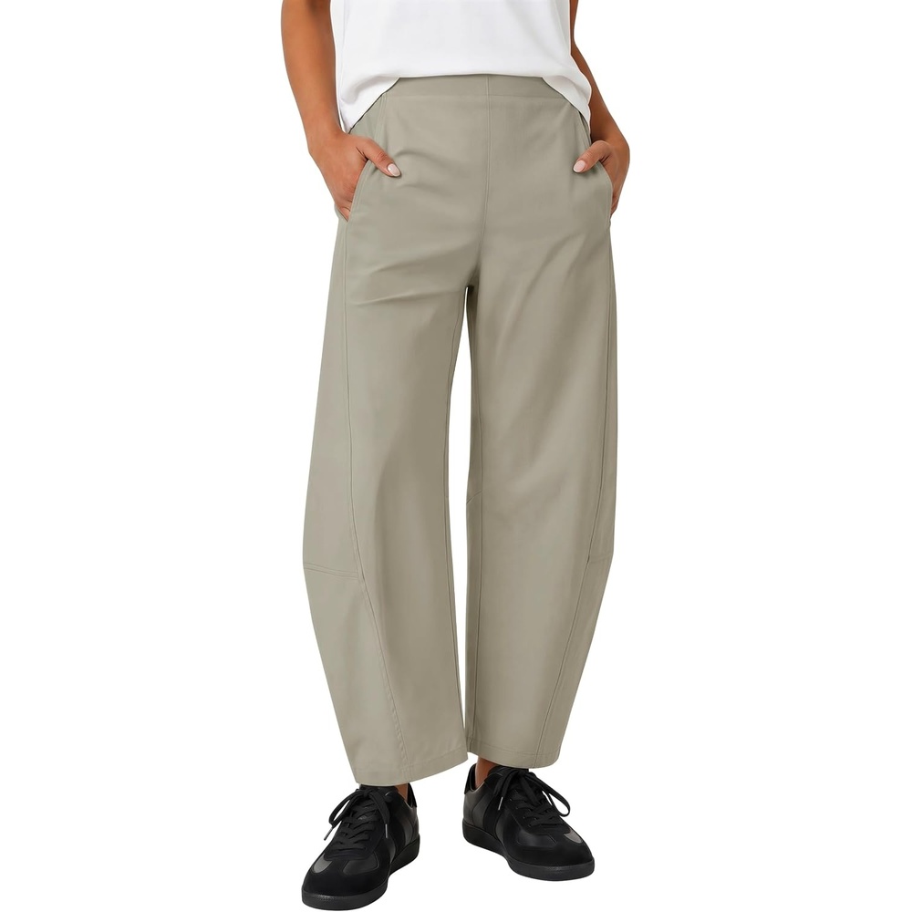image:imageZESICA Womens Barrel Travel Pants with Pockets  2026 Trendy Baggy Hiking Golf Pant Tapered Leg Cropped Ankle Trousers Mid Rise Elastic Waist OutfitsStone