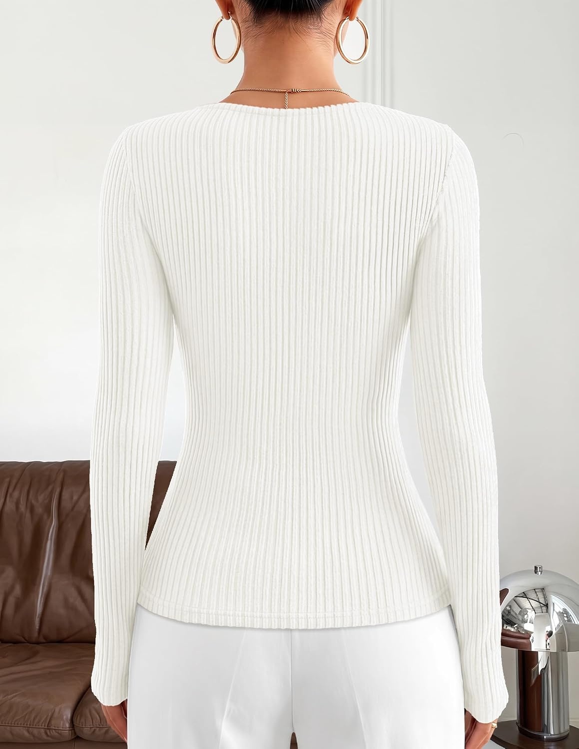 image:imageZESICA Asymmetrical Neck Long Sleeve Shirts for Women 2026 Going Out Tops Ribbed Knit Tops Ruched Waist Tshirts Slim Fit Shirts Office Work Outfits Business Casual TShirts Fall Winter ClothesWhite