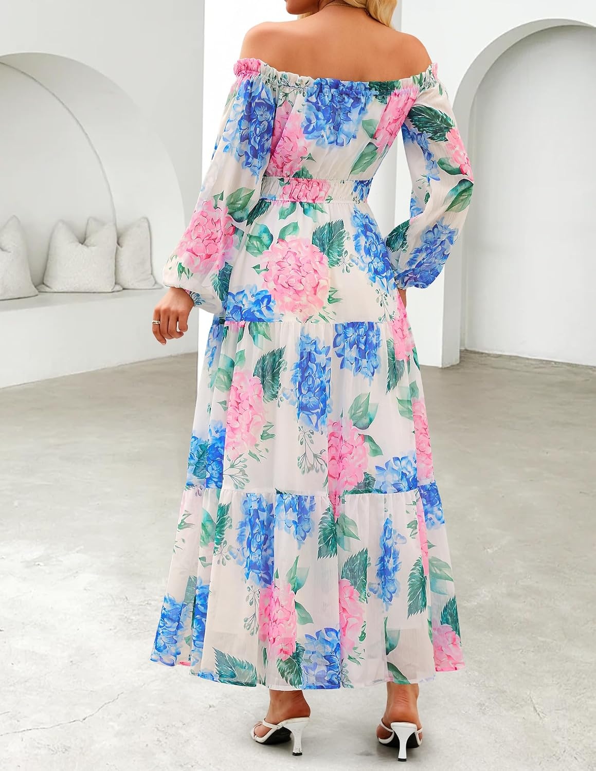 image:imageZESICA Womens Long Sleeve Off Shoulder Floral Maxi Dress Chiffon DressFall DressesWedding Guest DressCocktail Party DressesSide PocketsA Line Flowy DressesHigh Waisted DressWhite
