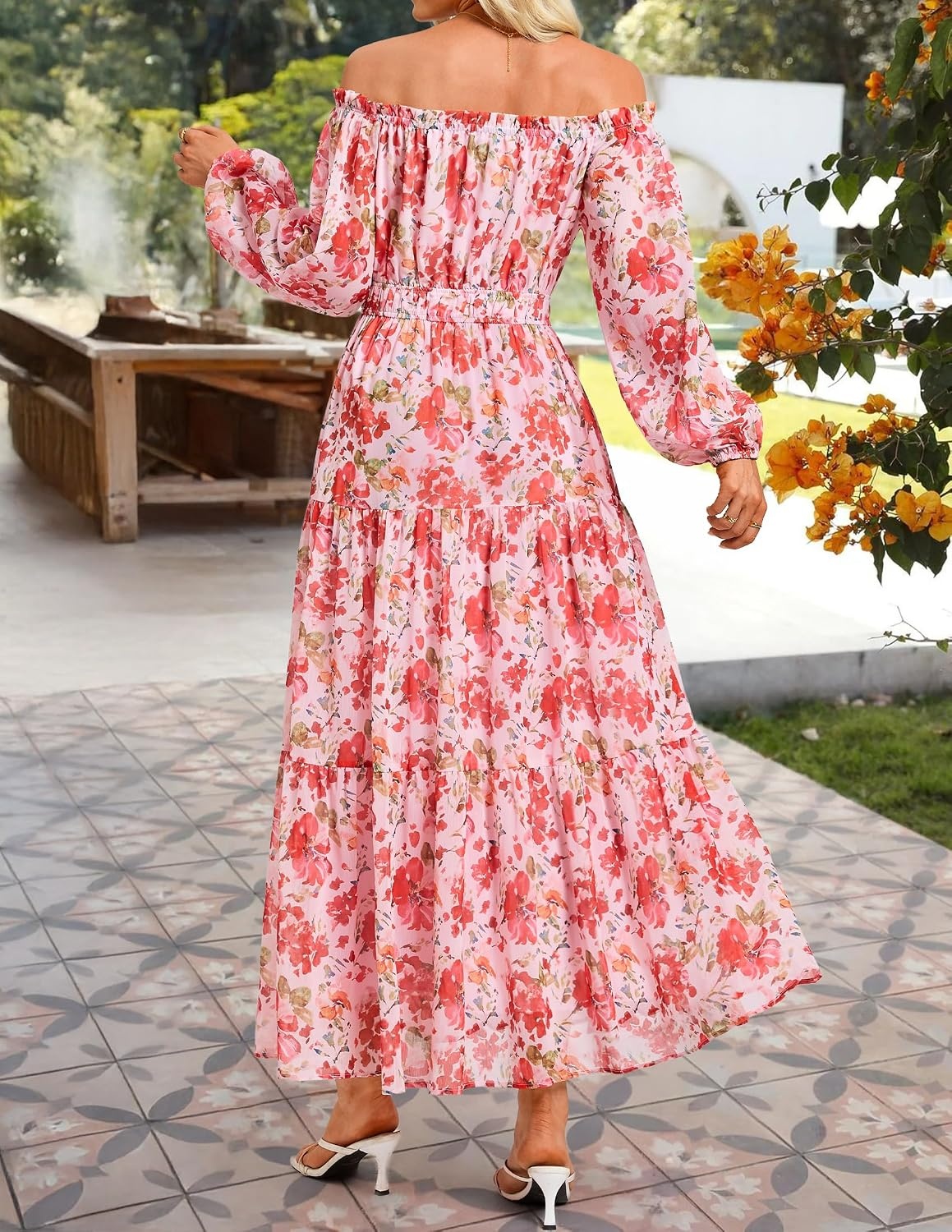 image:imageZESICA Womens Long Sleeve Off Shoulder Floral Maxi Dress Chiffon DressFall DressesWedding Guest DressCocktail Party DressesSide PocketsA Line Flowy DressesHigh Waisted DressLight Pink