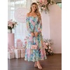 ZESICA Womens Long Sleeve Off Shoulder Floral Maxi Dress | Chiffon Dress,Fall Dresses,Wedding Guest Dress,Cocktail Party Dresses,Side Pockets,A Line Flowy Dresses,High Waisted Dress(Light Green)
