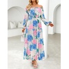 ZESICA Womens Long Sleeve Off Shoulder Floral Maxi Dress | Chiffon Dress,Fall Dresses,Wedding Guest Dress,Cocktail Party Dresses,Side Pockets,A Line Flowy Dresses,High Waisted Dress(White)