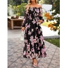 ZESICA Womens Long Sleeve Off Shoulder Floral Maxi Dress | Chiffon Dress,Fall Dresses,Wedding Guest Dress,Cocktail Party Dresses,Side Pockets,A Line Flowy Dresses,High Waisted Dress(Black)