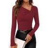 ZESICA Asymmetrical Neck Long Sleeve Shirts for Women 2026 Going Out Tops | Ribbed Knit Tops, Ruched Waist Tshirts, Slim Fit Shirts, Office Work Outfits, Business Casual T-Shirts, Fall Winter Clothes(Burgundy)