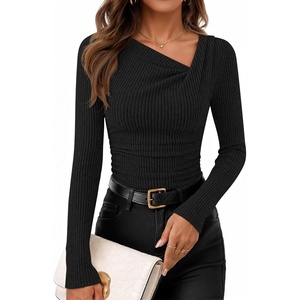 ZESICA Asymmetrical Neck Long Sleeve Shirts for Women 2026 Going Out Tops | Ribbed Knit Tops, Ruched Waist Tshirts, Slim Fit Shirts, Office Work Outfits, Business Casual T-Shirts, Fall Winter Clothes(Black)