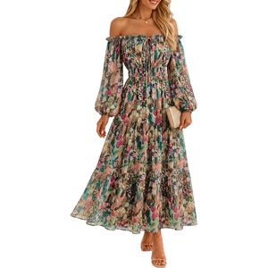 ZESICA Womens Long Sleeve Off Shoulder Floral Maxi Dress | Chiffon Dress,Fall Dresses,Wedding Guest Dress,Cocktail Party Dresses,Side Pockets,A Line Flowy Dresses,High Waisted Dress(Green)
