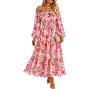 ZESICA Womens Long Sleeve Off Shoulder Floral Maxi Dress | Chiffon Dress,Fall Dresses,Wedding Guest Dress,Cocktail Party Dresses,Side Pockets,A Line Flowy Dresses,High Waisted Dress(Light Pink)