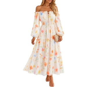 ZESICA Womens Long Sleeve Off Shoulder Floral Maxi Dress | Chiffon Dress,Fall Dresses,Wedding Guest Dress,Cocktail Party Dresses,Side Pockets,A Line Flowy Dresses,High Waisted Dress(Apricot)