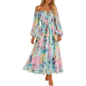 ZESICA Womens Long Sleeve Off Shoulder Floral Maxi Dress | Chiffon Dress,Fall Dresses,Wedding Guest Dress,Cocktail Party Dresses,Side Pockets,A Line Flowy Dresses,High Waisted Dress(Light Green)
