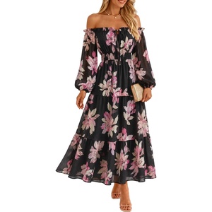 ZESICA Womens Long Sleeve Off Shoulder Floral Maxi Dress | Chiffon Dress,Fall Dresses,Wedding Guest Dress,Cocktail Party Dresses,Side Pockets,A Line Flowy Dresses,High Waisted Dress(Black)