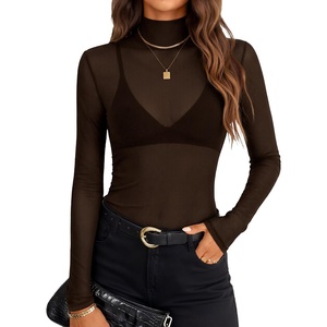 ZESICA Women’s Mesh Sheer Turtleneck Long Sleeve Shirts | See Through Fitted Blouses, Sexy Cute T-Shirts, Going Out Tops, Date Night Party Clubwear Shirts, 2026 Fall Layering Outfits(Coffee)