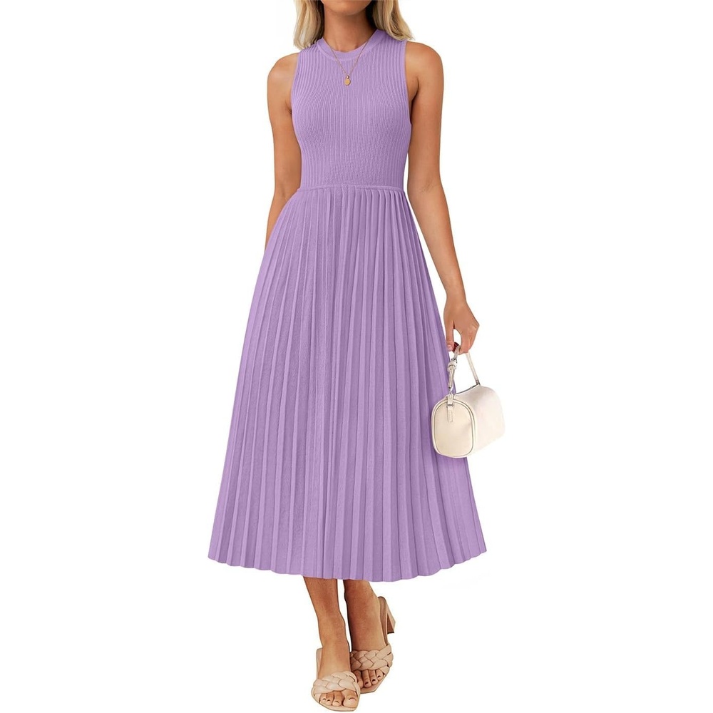 image:imageZESICA Womens Summer Sleeveless Sweater Dresses 2026 Crewneck Knit Pleated A Line Flowy Business Formal Party Midi Dress