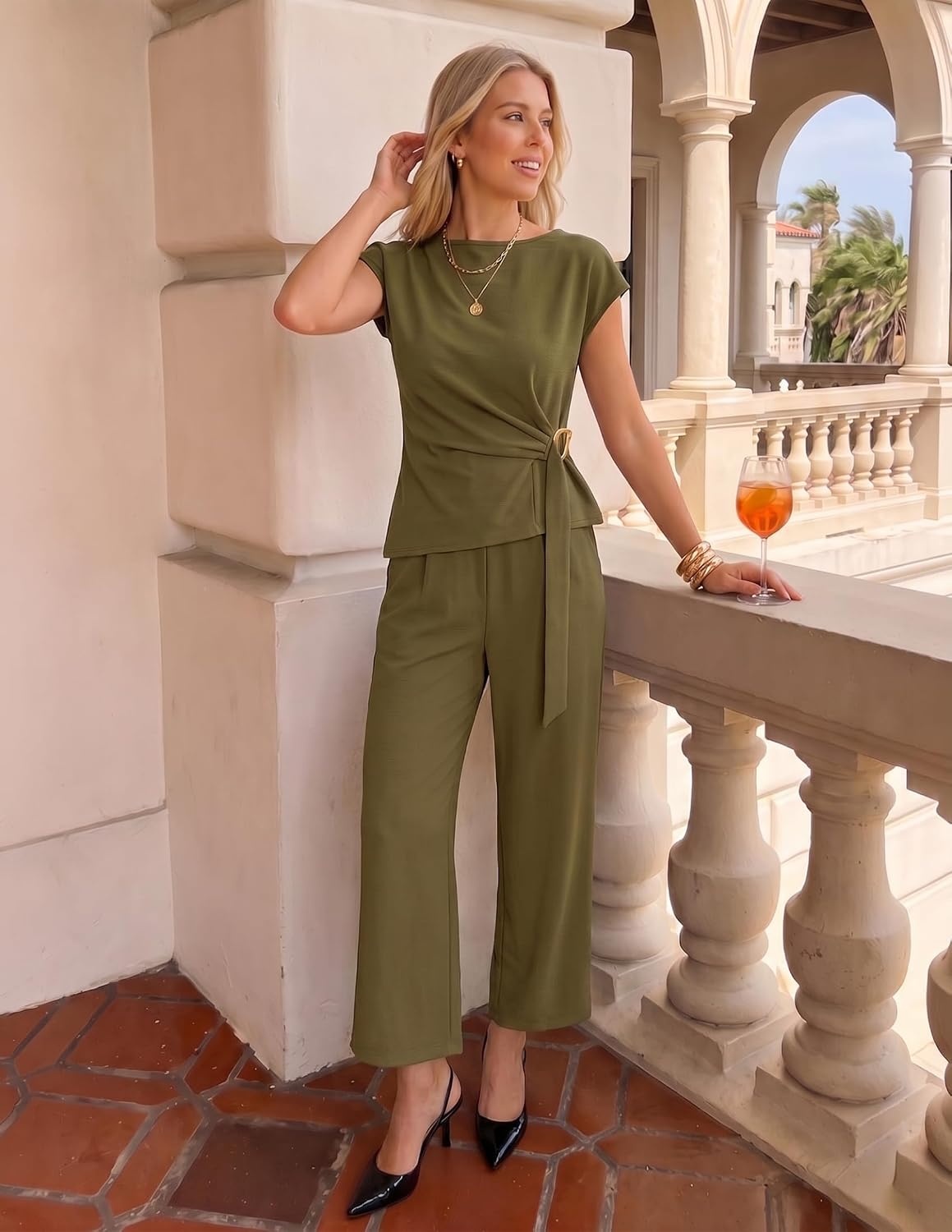 image:imageZESICA Womens Summer 2 Piece Sets Casual Work Office Pant Outfits Short Sleeve Knit Belted Tops and Wide Leg Pants Daily Vacation Matching Set Business Pantsuits Fashion ClothesArmygreen