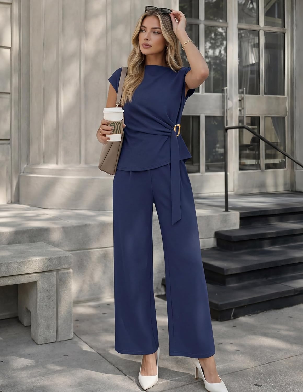 image:imageZESICA Womens Summer 2 Piece Sets Casual Work Office Pant Outfits Short Sleeve Knit Belted Tops and Wide Leg Pants Daily Vacation Matching Set Business Pantsuits Fashion ClothesNavy
