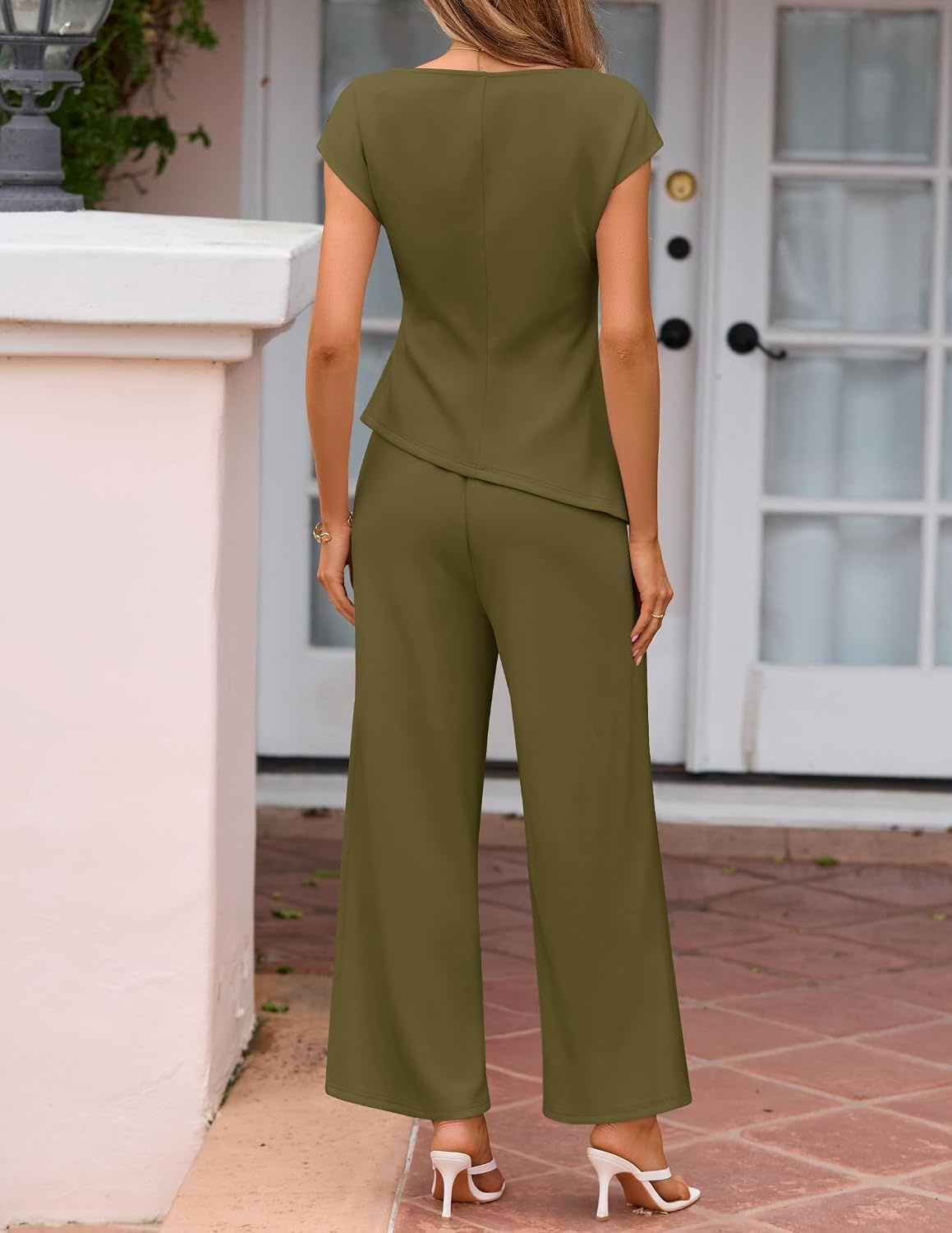 image:imageZESICA Womens Summer 2 Piece Sets Casual Work Office Pant Outfits Short Sleeve Knit Belted Tops and Wide Leg Pants Daily Vacation Matching Set Business Pantsuits Fashion ClothesArmygreen
