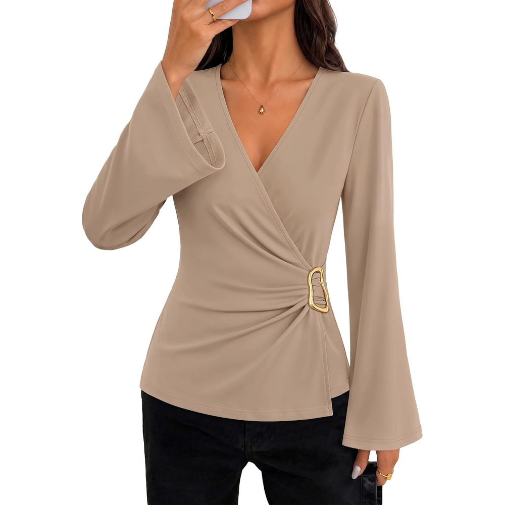 image:imageZESICA Womens Bell Long Sleeve Wrap Top Elegant Business Casual Outfits  2026 Trendy Fall Fashion Clothes Asymmetrical V Neck Shirts Slim Fit Ruched Top Metal Buckle Work Office Dressy BlouseLightcamel