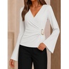 ZESICA Women’s Bell Long Sleeve Wrap Top Elegant Business Casual Outfits | 2026 Trendy Fall Fashion Clothes, Asymmetrical V Neck Shirts, Slim Fit Ruched Top, Metal Buckle, Work Office Dressy Blouse(White)